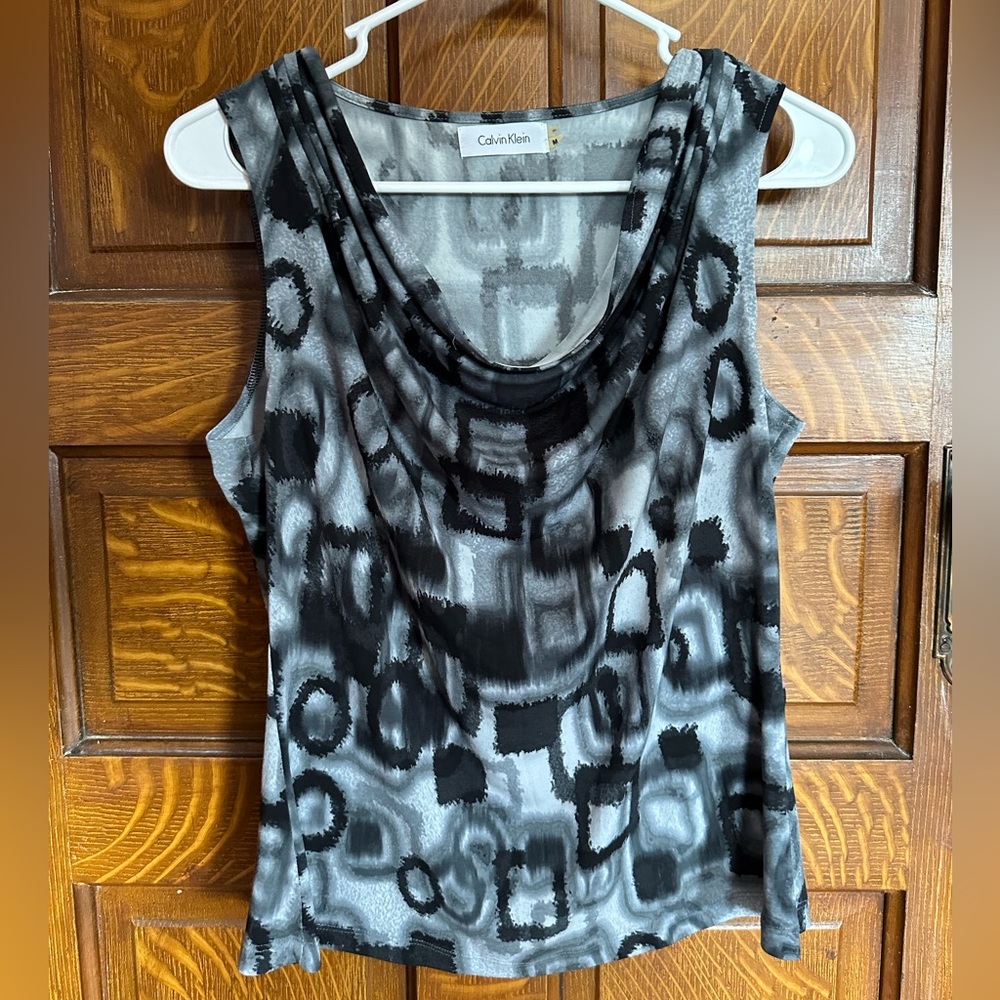 Calvin Klein Black & Gray Sleeveless Draped Cowl Neck Tank